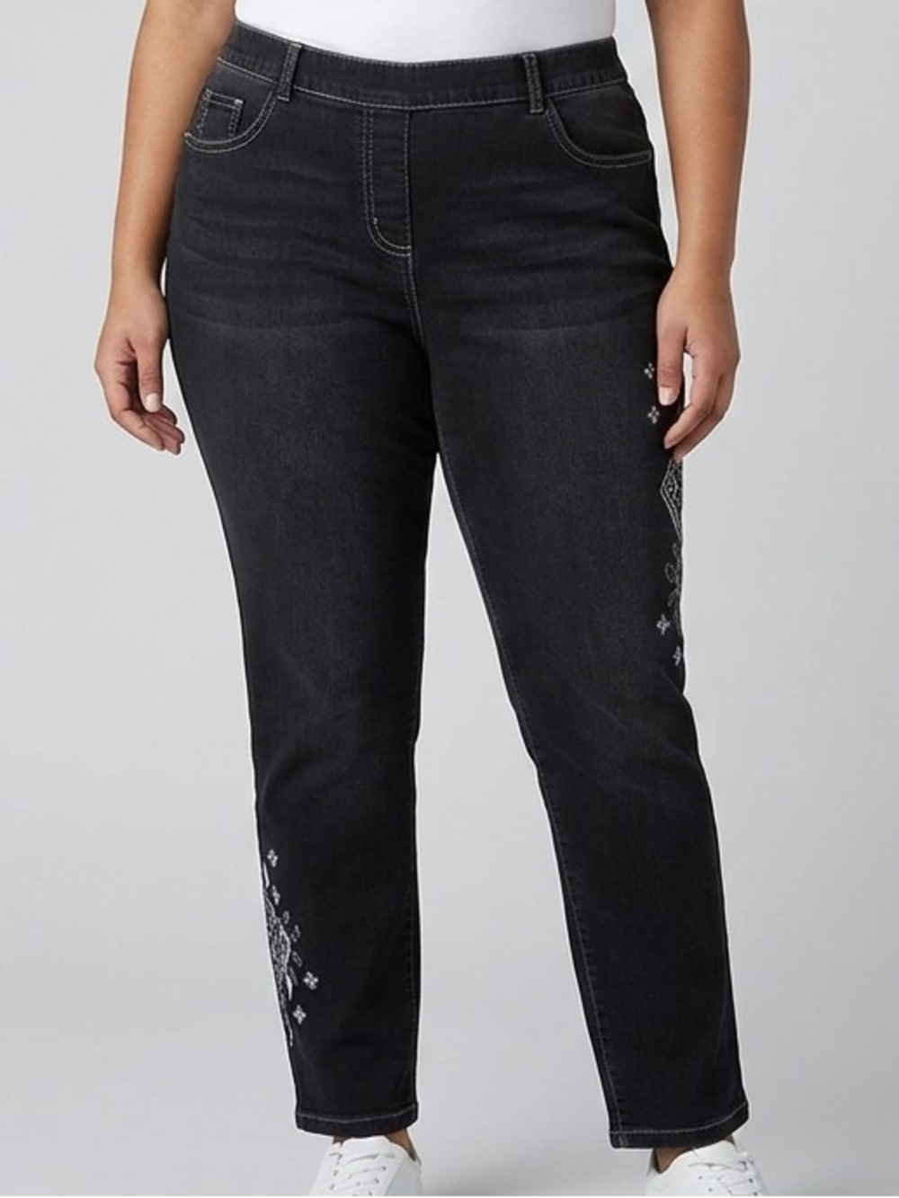 ALIA Black Stretch Pull On Embroidered Diamond Design Jeans 16 PETITE